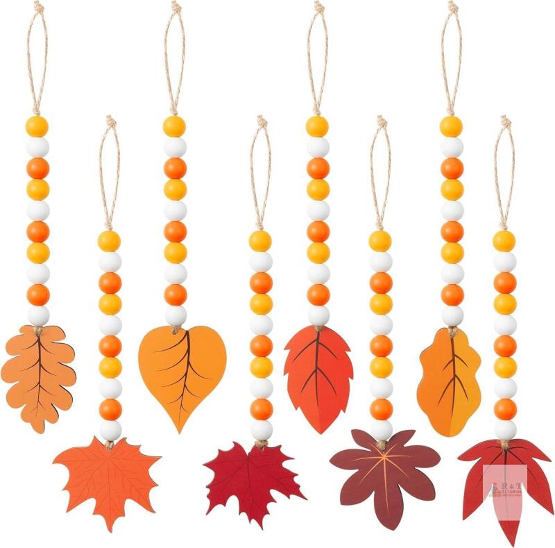 New WATINC Fall Wood Bead Garland - 8pcs Autumn Wooden Beaded Garlands Decor with Tassels, Maple Leaf Wooden Hanging Ornament