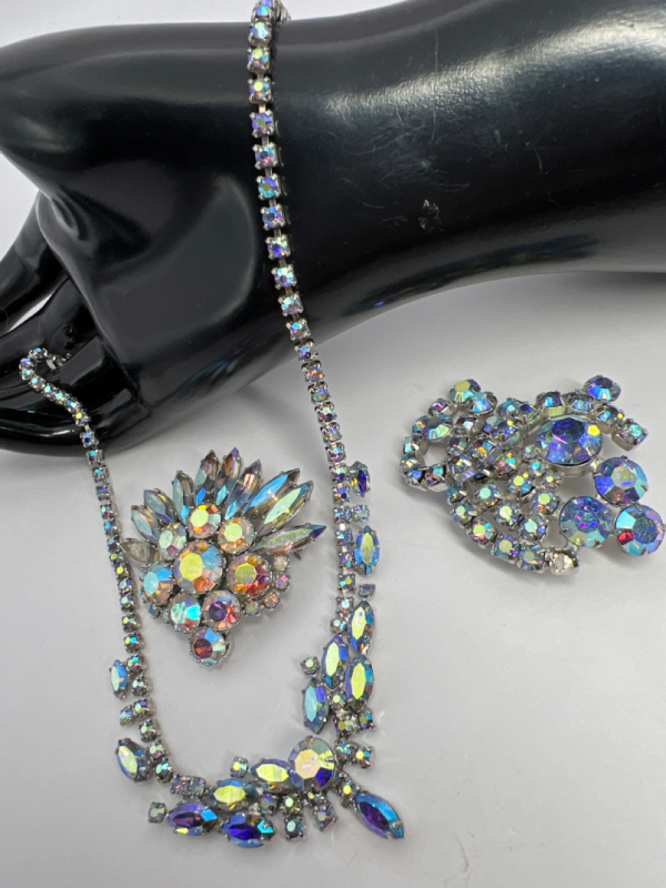Two Blue AB Rhinestone Brooches and Necklace