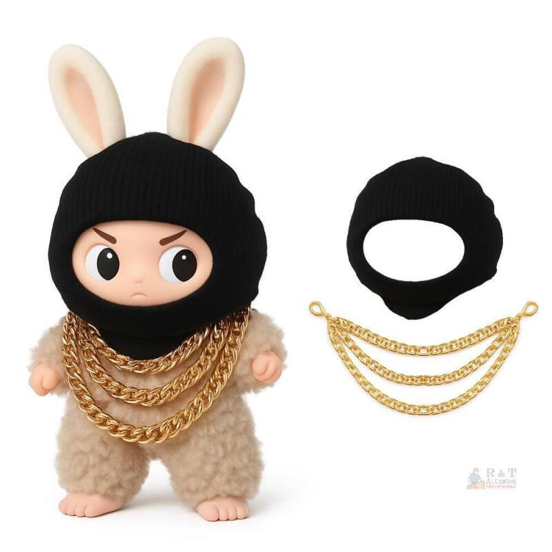 New VVQUI 2026 17cm Doll Fashion Set: Black Head Cover & Three-Layer Gold tone Necklace