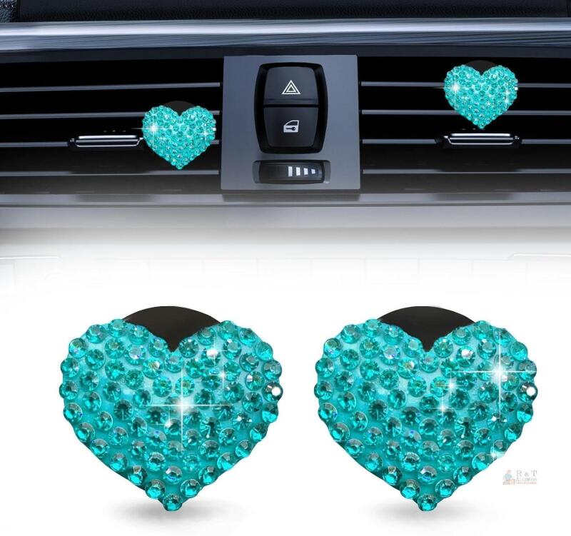 2Pcs Car Air Vent Clip, Bling Crystal Heart Charms Car Air Vent Clips, Air Conditioning Outlet Clip Decorative