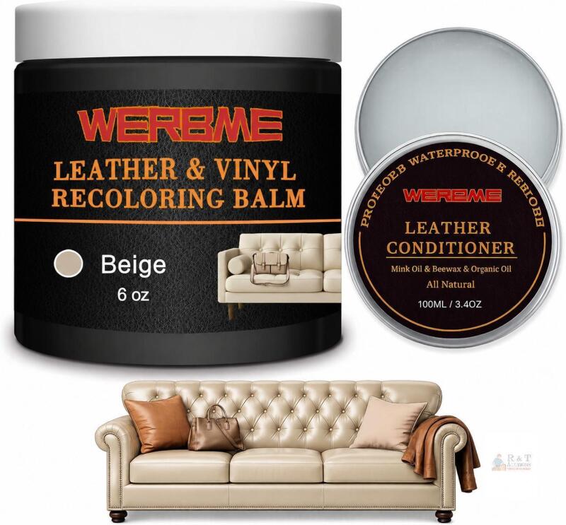 New 6 oz WERBME Leather & Vinyl Recoloring Balm with Leather Conditioner &ndash; Beige