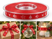New Red Christmas Ribbon with White Holiday Designs