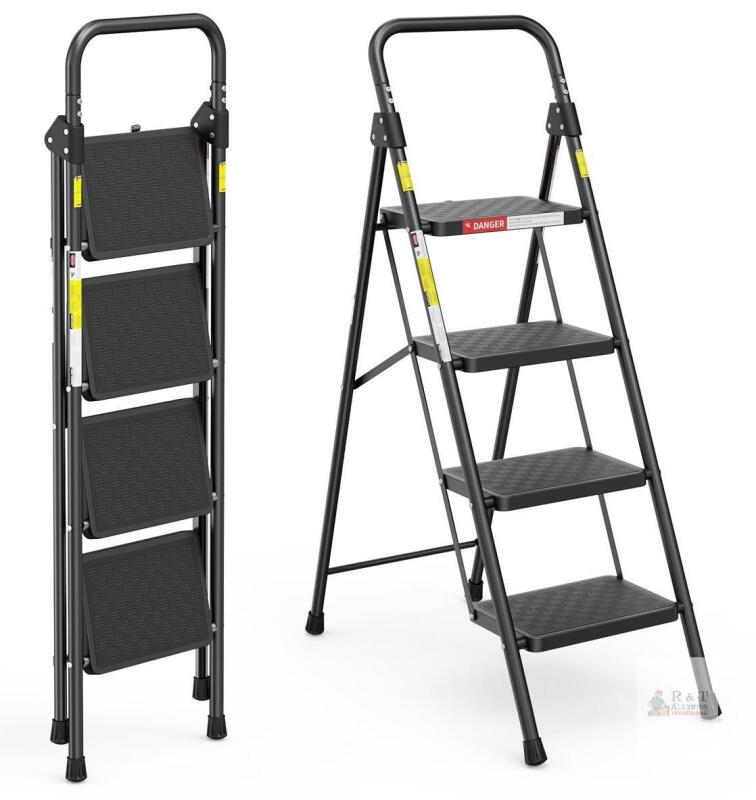 4-Step Foldable Step Stool with Anti-Slip Pedal & Cushioned Handle, Ladder for Adults, 330 lb Capacity, for Kitchen, Black