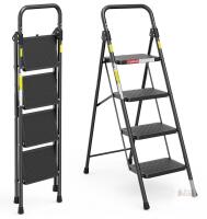 4-Step Foldable Step Stool with Anti-Slip Pedal & Cushioned Handle, Ladder for Adults, 330 lb Capacity, for Kitchen, Black