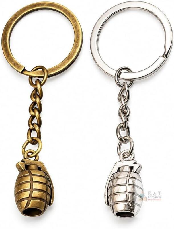 New Grenade Keychain Set, 2 Miniature Charms in Silver and Bronze Tones