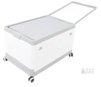 NEW Large Capacity Rolling Storage Box, 21"x14"x13", 4 Wheels, Removable Lid, Stackable, White/Grey