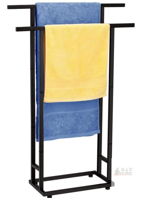 NEW ALHAKIN Black 2-Tier Free Standing Towel Rack, Powder-Coated Steel, 26x15.8x37.2 in, Anti-Slip Feet