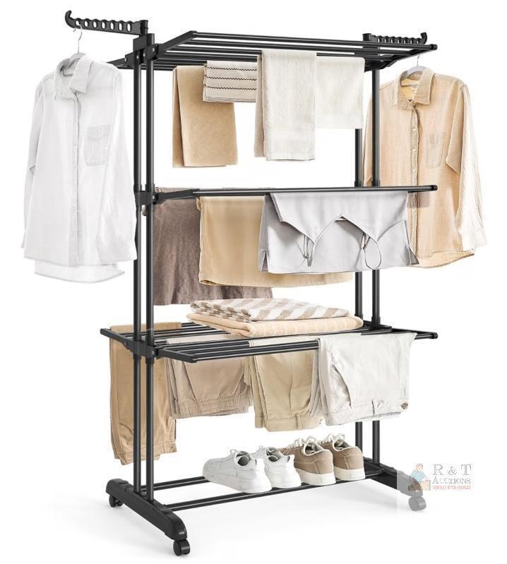 NEW SONGMICS 4-Tier Foldable Rolling Clothes Drying Rack, Steel, 77 lb Max Load, 68" Tall, Black