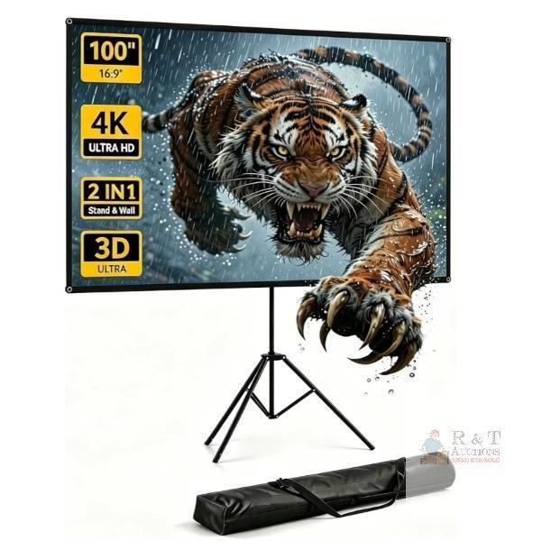 NEW WASJOYE 100" 16:9 Portable 4K Projector Screen, Stand & Carrying Case, 1.2 Gain, Fiberglass