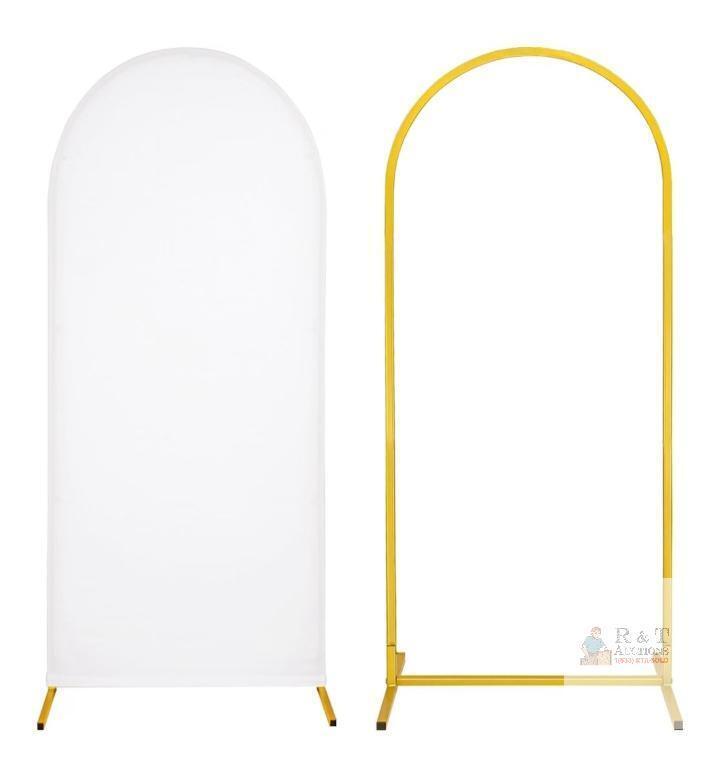 NEW 6ft Gold Metal Arch Stand & White Spandex Backdrop Cover Set &ndash; Wedding, Party, Event Decor