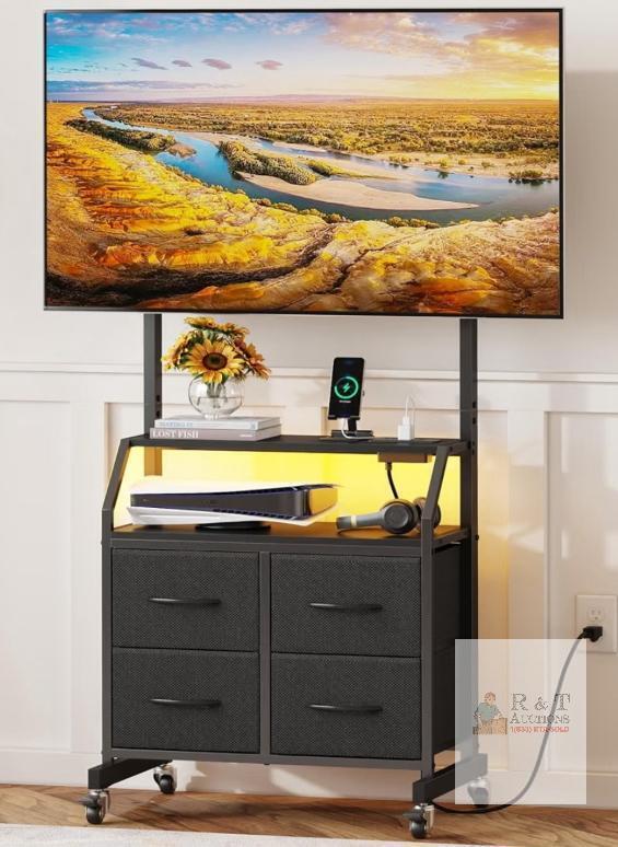 NEW Rolling TV Stand GYIIYUO Black, Fits 32&ndash;75" TVs, 4 Drawers, 145 lb Capacity, AC & USB Outlets