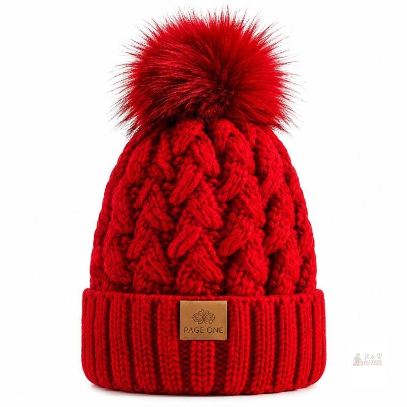 New PAGE ONE Womens Winter Ribbed Beanie Crossed Cap Chunky Cable Knit Pompom
