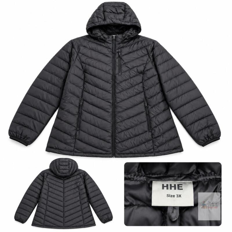 NEW HHE 3X Black Hooded Puffer Jacket with Multiple Zip Pockets