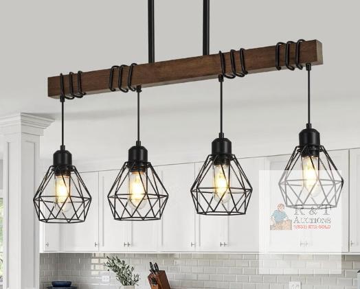 29.5" 4-Light Farmhouse Chandelier, Rustic Wood & Metal, Diamond Cage, Adjustable Height