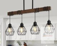 29.5" 4-Light Farmhouse Chandelier, Rustic Wood & Metal, Diamond Cage, Adjustable Height