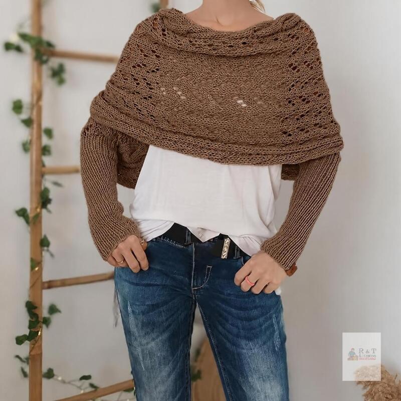 New Scarf with Sleeves for Women Multifunctional Crochet Wrap Scarf Knitted Cable Wrap Sweater Shrugs with Sleeves