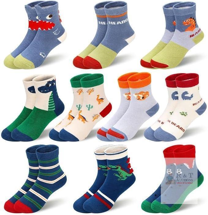 10 Pairs Kids&rsquo; Cotton Socks &ndash; Dinosaur Designs