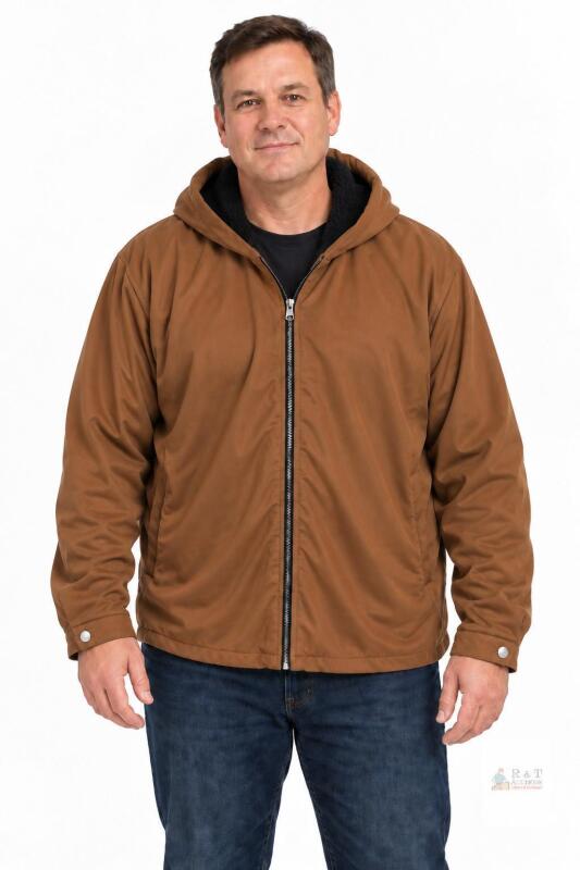 Brown Hooded Zip-Up Jacket, 2XL, Fleece-Lined, Button Cuffs