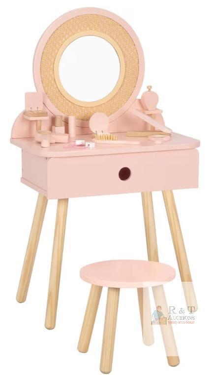NEW OOOK BCOK017 Kids Vanity Set, Pink Wood Makeup Table & Stool, Mirror