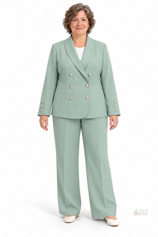 NEW read Desc Light Green Women's Pant Suit Set, Double-Breasted Blazer, Wide Leg Pants, Metal Buttons