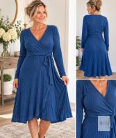 NEW Blue Long Sleeve Ribbed Knit Wrap Dress with Tie Belt- APPEARS MED