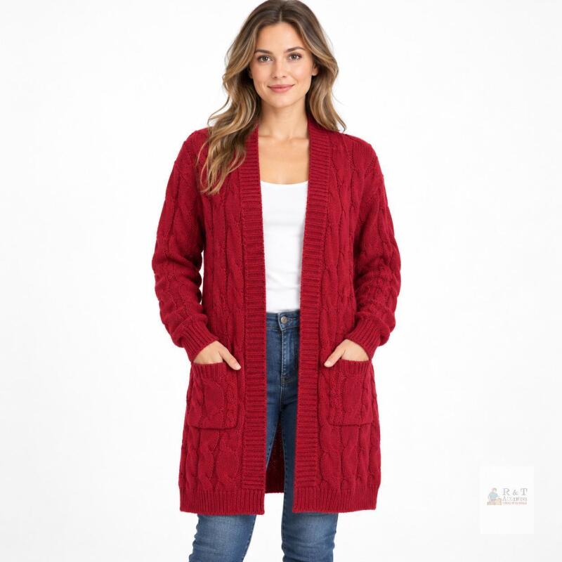 NEW Zuvebamyo Women's Cable Knit Cardigan Sweater, Wine, Size Small, Open Front with Two Pockets