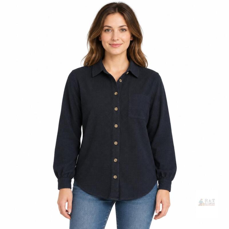 NEW Women's Black Waffle Knit Long-Sleeve Button-Up Shirt, Size Small,