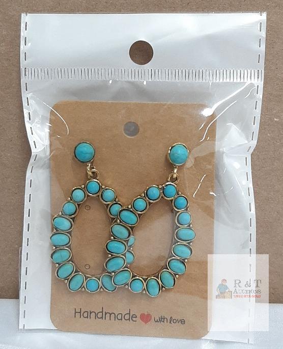 Handmade Turquoise Dangle Earrings with Gold-Tone Alloy Setting, Teardrop Design