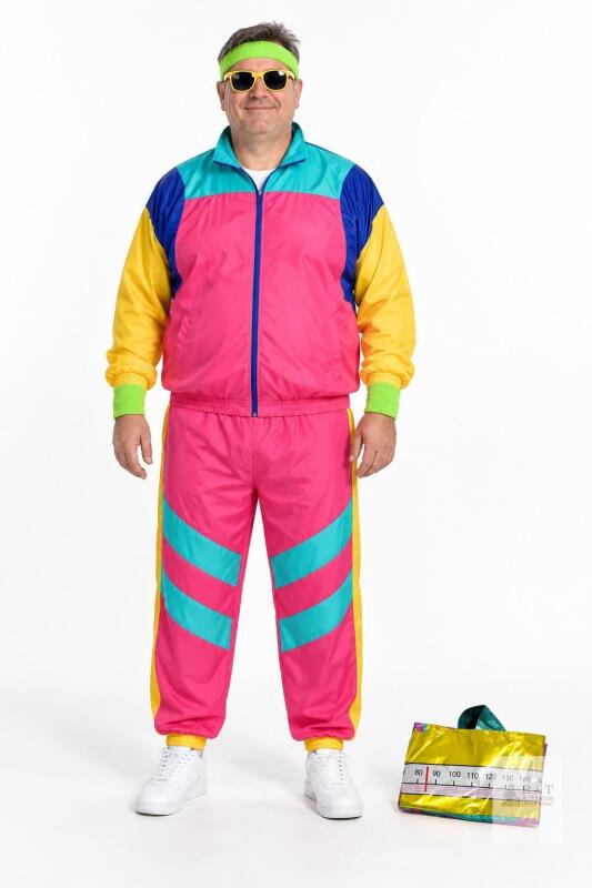 NEW Kicpot 80s Costume Tracksuit, 2XL, Pink/Turquoise, Includes Accessories