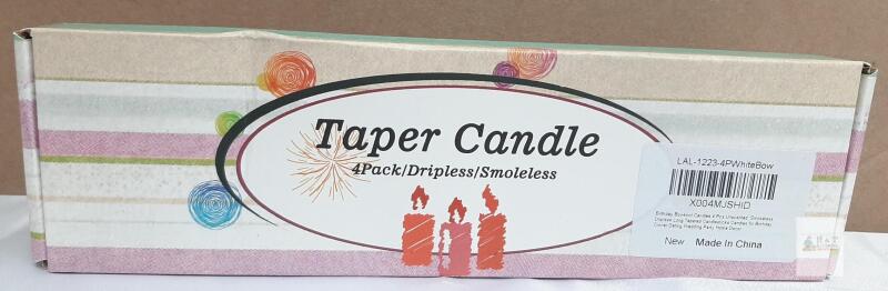 NEW Bowknot LAL-1223-4PWhiteBow 4-Pack Unscented Dripless Smokeless White Taper Candles 10"x0.8"