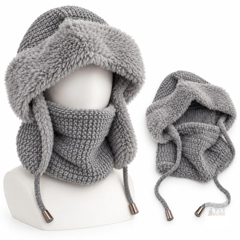NEW Light Grey Knit Hooded Scarf Balaclava with Faux Fur Lining & Drawstring, Adult Unisex