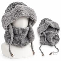 NEW Light Grey Knit Hooded Scarf Balaclava with Faux Fur Lining & Drawstring, Adult Unisex