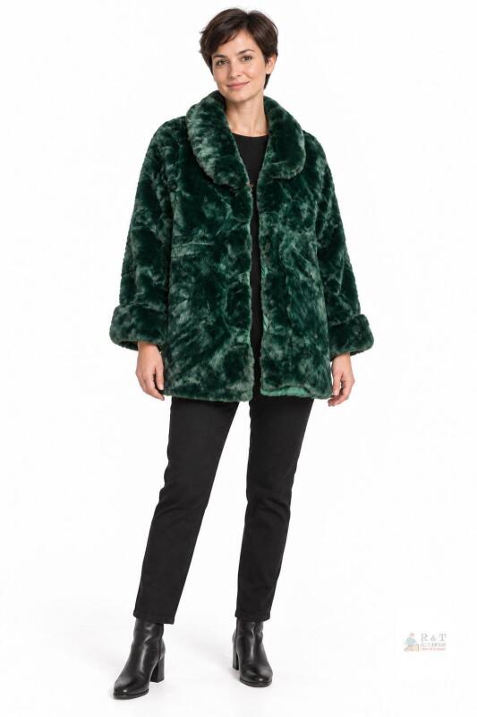 New SM/MED MAO CHUN Deep Green Faux Fur Coat with Large Lapel Collar and Quilted Lining