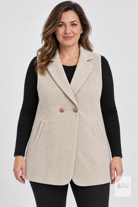 New Size L Happy Sailed Women&rsquo;s Beige Herringbone Longline Blazer Vest &ndash; Size L