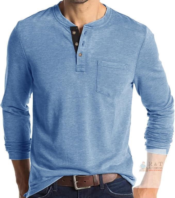 New Size Med Men's Long Sleeve Henley Shirts Button V-Neck T-Shirt Classic Causal Cotton Blend Tops with Pocket