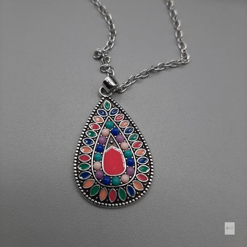 New Multicolour Boho Teardrop Pendant Necklace &ndash; Silver Tone