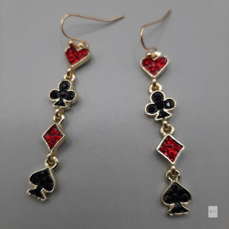 New Red & Black Rhinestone Playing Card Suit Dangle Earrings &ndash; Gold Tone.