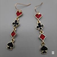New Red & Black Rhinestone Playing Card Suit Dangle Earrings &ndash; Gold Tone.