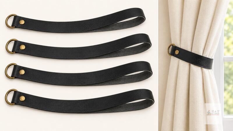 Home Queen Black PU Leather Curtain Tiebacks, 4-Piece Set with Brass-Tone Hardware