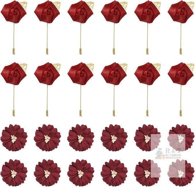 New 12Set Groom Boutonnieres Rose Boutonnieres Pins Buttonholes Pocket 2"x3.5" for Men Wedding Ceremony Anniversary Formal Dinner Party Suit Decoration Wine Red