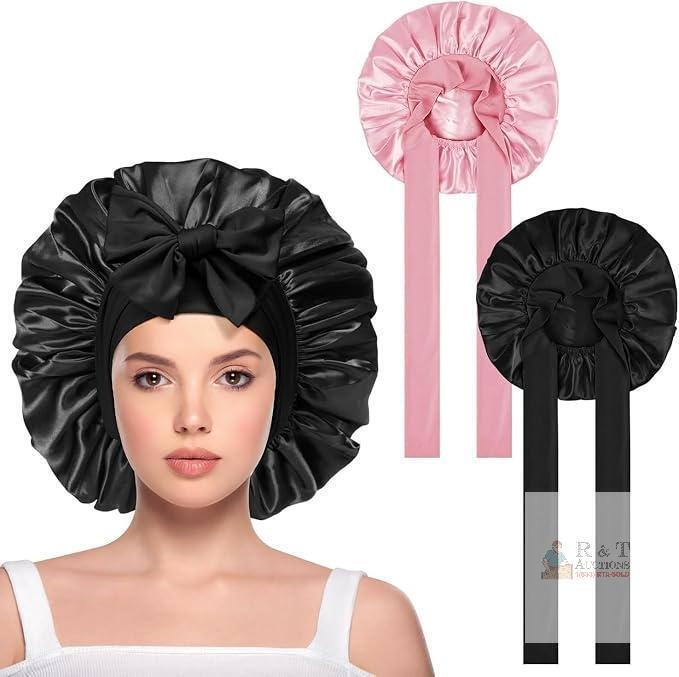 New 2PC Satin Bonnet, Silk Sleep Bonnets for Women, Adjustable Satin Night Sleeping Cap Soft Elastic Band Silk Bonnets