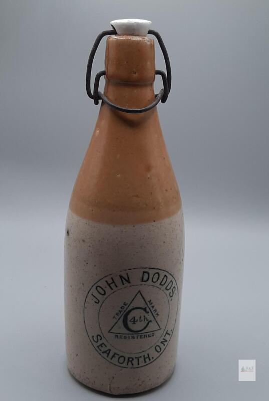 Antique John Dodds Seaforth Ont Stoneware Ginger Beer Bottle 4th C Trademark, Wire & Porcelain Stopper- Original Manufacturing Flaws