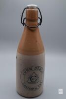 Antique John Dodds Seaforth Ont Stoneware Ginger Beer Bottle 4th C Trademark, Wire & Porcelain Stopper- Original Manufacturing Flaws