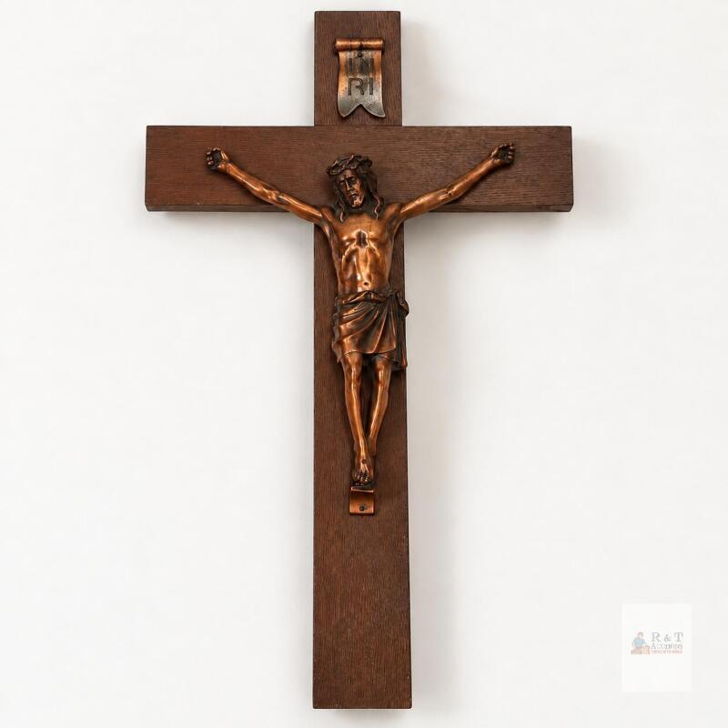 Large Wooden Wall Crucifix with Copper-Tone Figure and INRI Plaque approx 23"x15"