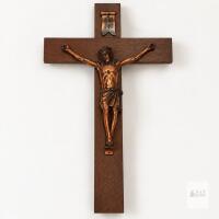 Large Wooden Wall Crucifix with Copper-Tone Figure and INRI Plaque approx 23"x15"