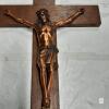 European Large Impressive Wooden Wall Crucifix with Copper-Tone Figure and INRI Plaque approx 23"x15" - 2