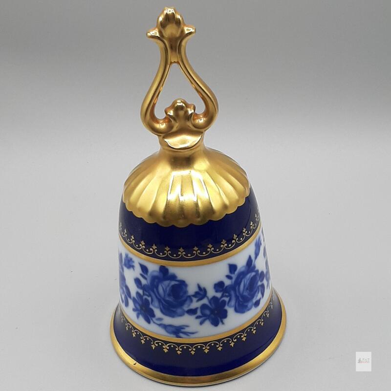 Elegant Cobalt Blue Porcelain Bell with Gold Floral Motif and Ornate Handle
