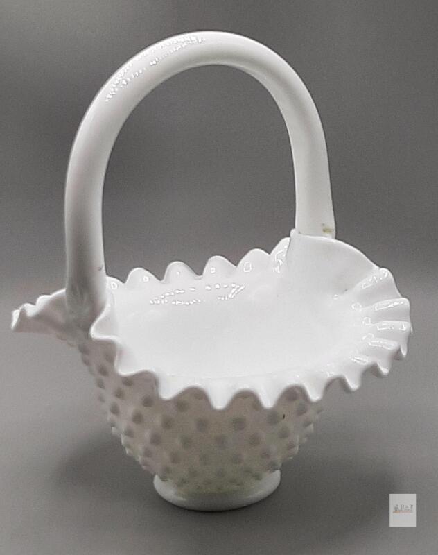 Fenton Hobnail Milk Glass Basket with Ruffled Edge and Solid Handle Approx 8in tall