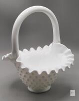 Fenton Hobnail Milk Glass Basket with Ruffled Edge and Solid Handle Approx 8in tall