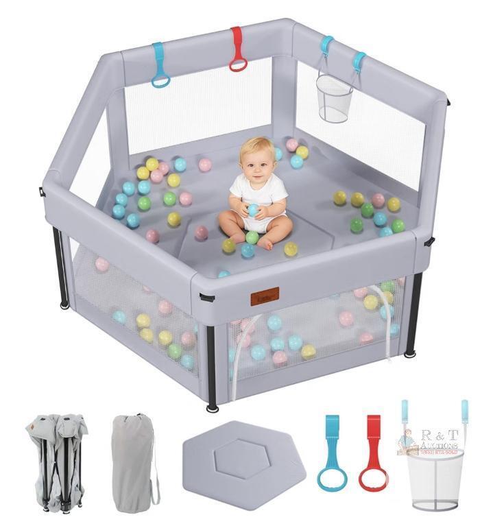 NEW EAQ Foldable Baby Playpen, 49.2"x49.2"x26", Gray with Multicolor Accessories